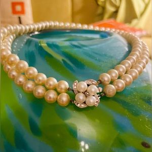 SALE-1950s faux double pearl strands necklace. #pearl choker silver tone clasp.